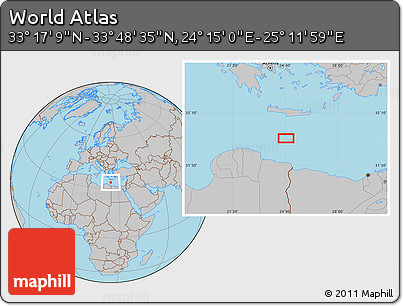 Gray Location Map of the Area around 33° 32' 52" N, 24° 43' 30" E