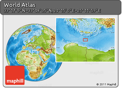 Physical Location Map of the Area around 33° 32' 52" N, 24° 43' 30" E