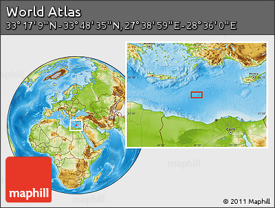 Physical Location Map of the Area around 33° 32' 52" N, 28° 7' 30" E