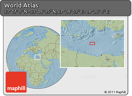 Savanna Style Location Map of the Area around 33° 32' 52" N, 28° 7' 30" E, hill shading