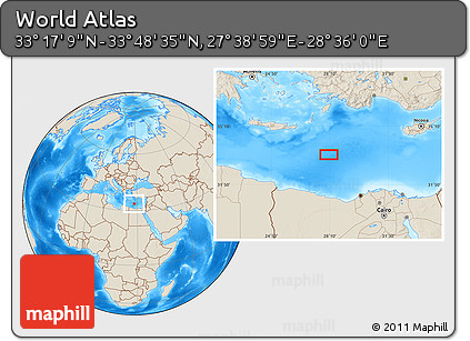 Shaded Relief Location Map of the Area around 33° 32' 52" N, 28° 7' 30" E