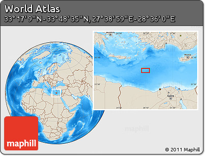 Shaded Relief Location Map of the Area around 33° 32' 52" N, 28° 7' 30" E
