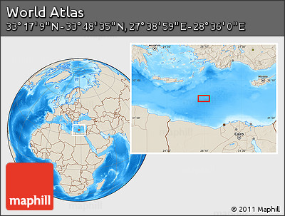 Shaded Relief Location Map of the Area around 33° 32' 52" N, 28° 7' 30" E