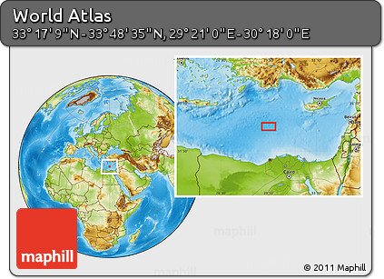 Physical Location Map of the Area around 33° 32' 52" N, 29° 49' 30" E