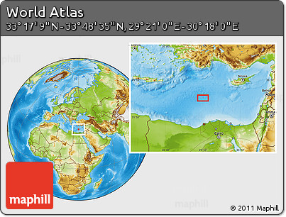 Physical Location Map of the Area around 33° 32' 52" N, 29° 49' 30" E