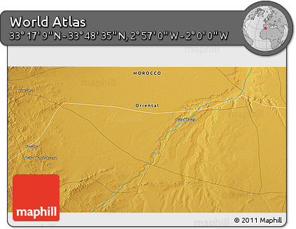 Physical 3D Map of the Area around 33° 32' 52" N, 2° 28' 30" W