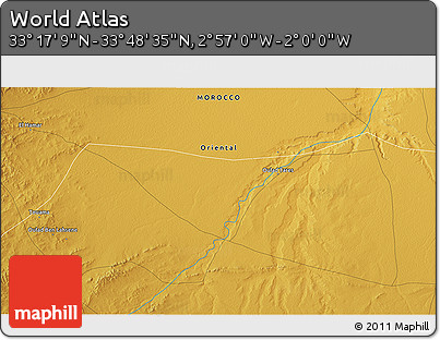 Physical 3D Map of the Area around 33° 32' 52" N, 2° 28' 30" W