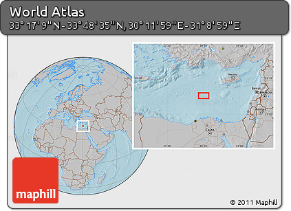 Gray Location Map of the Area around 33° 32' 52" N, 30° 40' 29" E, hill shading