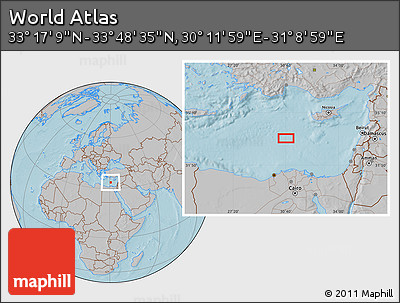 Gray Location Map of the Area around 33° 32' 52" N, 30° 40' 29" E, hill shading