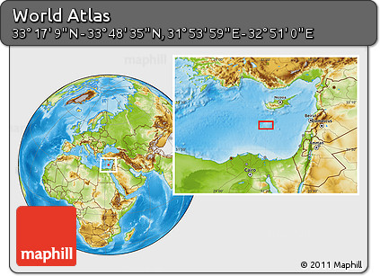 Physical Location Map of the Area around 33° 32' 52" N, 32° 22' 30" E