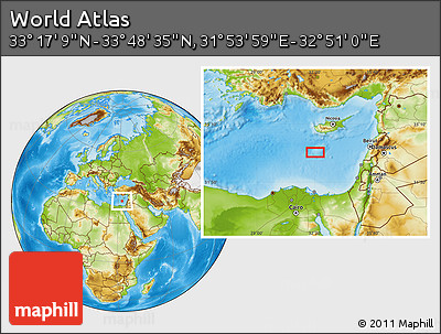 Physical Location Map of the Area around 33° 32' 52" N, 32° 22' 30" E