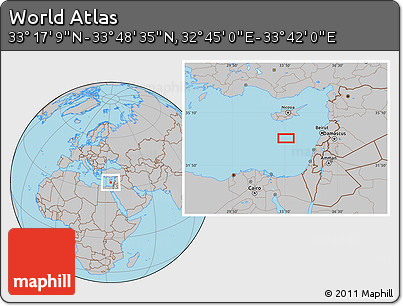 Gray Location Map of the Area around 33° 32' 52" N, 33° 13' 30" E