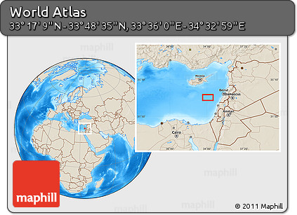 Shaded Relief Location Map of the Area around 33° 32' 52" N, 34° 4' 30" E