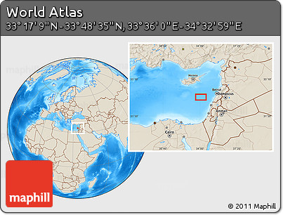 Shaded Relief Location Map of the Area around 33° 32' 52" N, 34° 4' 30" E