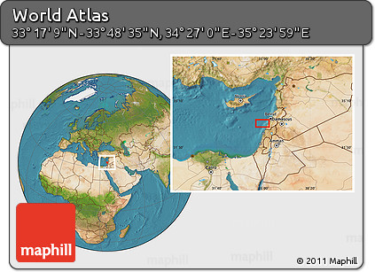Satellite Location Map of the Area around 33° 32' 52" N, 34° 55' 29" E