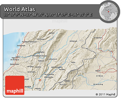 Shaded Relief 3D Map of the Area around 33° 32' 52" N, 35° 46' 29" E