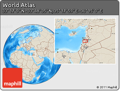 Shaded Relief Location Map of the Area around 33° 32' 52" N, 35° 46' 29" E
