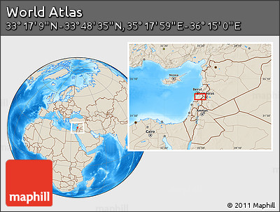 Shaded Relief Location Map of the Area around 33° 32' 52" N, 35° 46' 29" E