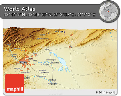 Physical 3D Map of the Area around 33° 32' 52" N, 36° 37' 30" E