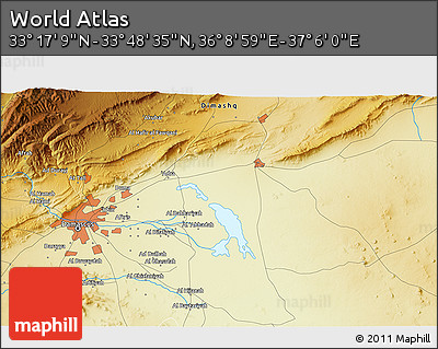 Physical 3D Map of the Area around 33° 32' 52" N, 36° 37' 30" E