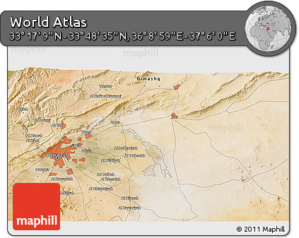 Satellite 3D Map of the Area around 33° 32' 52" N, 36° 37' 30" E