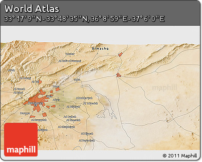 Satellite 3D Map of the Area around 33° 32' 52" N, 36° 37' 30" E