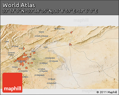 Satellite 3D Map of the Area around 33° 32' 52" N, 36° 37' 30" E