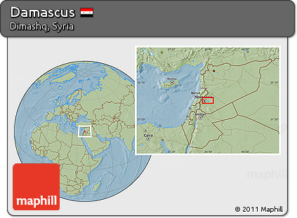 Savanna Style Location Map of Damascus, hill shading