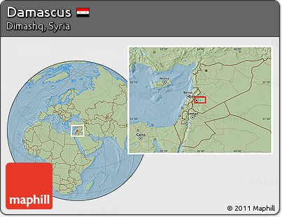 Savanna Style Location Map of Damascus, hill shading