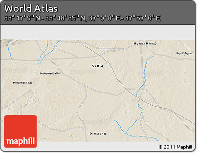 Shaded Relief 3D Map of the Area around 33° 32' 52" N, 37° 28' 30" E