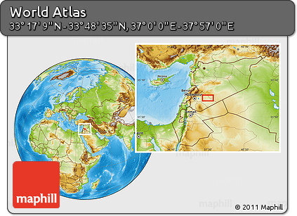 Physical Location Map of the Area around 33° 32' 52" N, 37° 28' 30" E