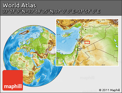 Physical Location Map of the Area around 33° 32' 52" N, 37° 28' 30" E