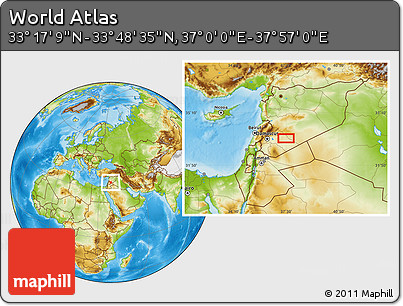 Physical Location Map of the Area around 33° 32' 52" N, 37° 28' 30" E