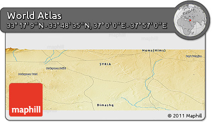 Physical Panoramic Map of the Area around 33° 32' 52" N, 37° 28' 30" E