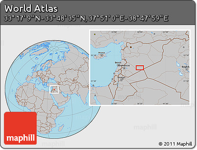 Gray Location Map of the Area around 33° 32' 52" N, 38° 19' 30" E