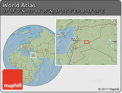 Savanna Style Location Map of the Area around 33° 32' 52" N, 38° 19' 30" E, hill shading