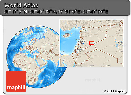 Shaded Relief Location Map of the Area around 33° 32' 52" N, 38° 19' 30" E