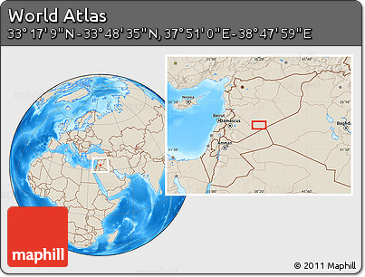 Shaded Relief Location Map of the Area around 33° 32' 52" N, 38° 19' 30" E