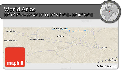 Shaded Relief Panoramic Map of the Area around 33° 32' 52" N, 38° 19' 30" E