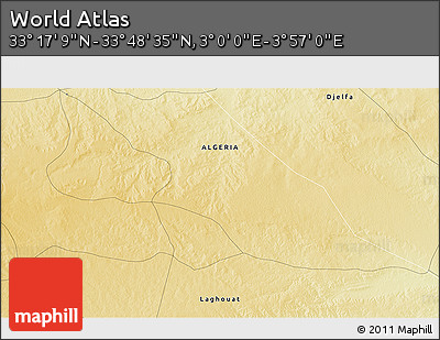 Physical 3D Map of the Area around 33° 32' 52" N, 3° 28' 30" E