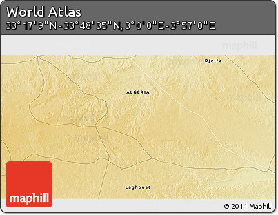 Physical 3D Map of the Area around 33° 32' 52" N, 3° 28' 30" E