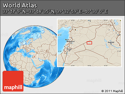 Shaded Relief Location Map of the Area around 33° 32' 52" N, 40° 1' 29" E