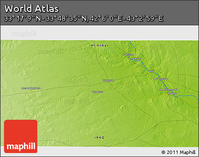 Physical 3D Map of the Area around 33° 32' 52" N, 42° 34' 30" E