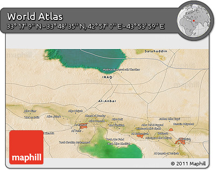 Satellite 3D Map of the Area around 33° 32' 52" N, 43° 25' 29" E