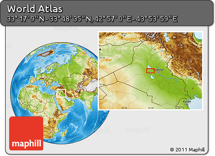 Physical Location Map of the Area around 33° 32' 52" N, 43° 25' 29" E