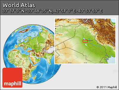 Physical Location Map of the Area around 33° 32' 52" N, 43° 25' 29" E