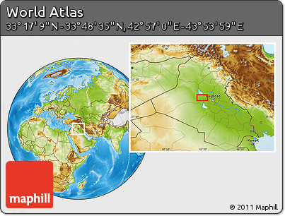 Physical Location Map of the Area around 33° 32' 52" N, 43° 25' 29" E