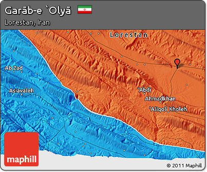 Political 3D Map of Garāb-e `Olyā