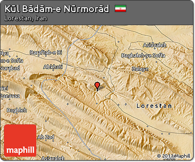 Satellite 3D Map of Kūl Bādām-e Nūrmorād