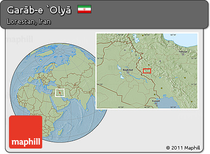 Savanna Style Location Map of Garāb-e `Olyā, hill shading